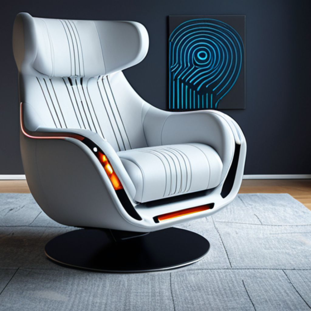 A futuristic armchair with embedded biometric sensors scanning a fingerprint. The chair is sleek and modern, automatically adjusting to a comfortable position. The setting is a stylish, minimalist apartment. Focus on the integration of technology and personalized comfort.