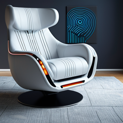 A futuristic armchair with embedded biometric sensors scanning a fingerprint. The chair is sleek and modern, automatically adjusting to a comfortable position. The setting is a stylish, minimalist apartment. Focus on the integration of technology and personalized comfort.