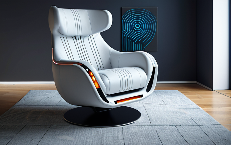 A futuristic armchair with embedded biometric sensors scanning a fingerprint. The chair is sleek and modern, automatically adjusting to a comfortable position. The setting is a stylish, minimalist apartment. Focus on the integration of technology and personalized comfort.
