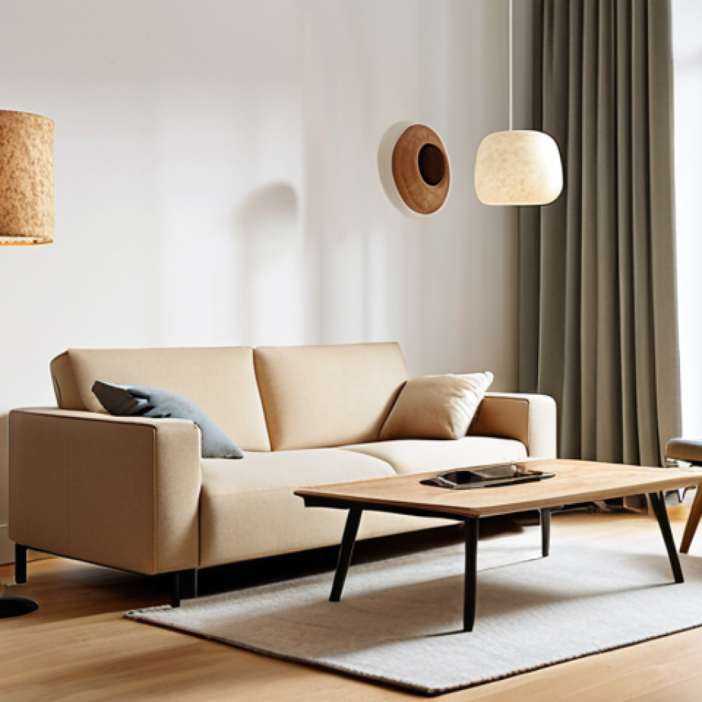 A bright, minimalist living room in a modern urban apartment, showcasing sustainable and smart furniture. A sleek coffee table made from recycled plastic composite has a subtly glowing integrated wireless charging pad. A modular sofa, upholstered in a natural, durable fabric, features discreet built-in speakers. Sunlight streams through large windows, highlighting clean lines and innovative materials like a bamboo-framed armchair and a floor lamp with a shade made from mushroom mycelium, emphasizing an eco-conscious and high-tech aesthetic.