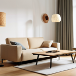 A bright, minimalist living room in a modern urban apartment, showcasing sustainable and smart furniture. A sleek coffee table made from recycled plastic composite has a subtly glowing integrated wireless charging pad. A modular sofa, upholstered in a natural, durable fabric, features discreet built-in speakers. Sunlight streams through large windows, highlighting clean lines and innovative materials like a bamboo-framed armchair and a floor lamp with a shade made from mushroom mycelium, emphasizing an eco-conscious and high-tech aesthetic.