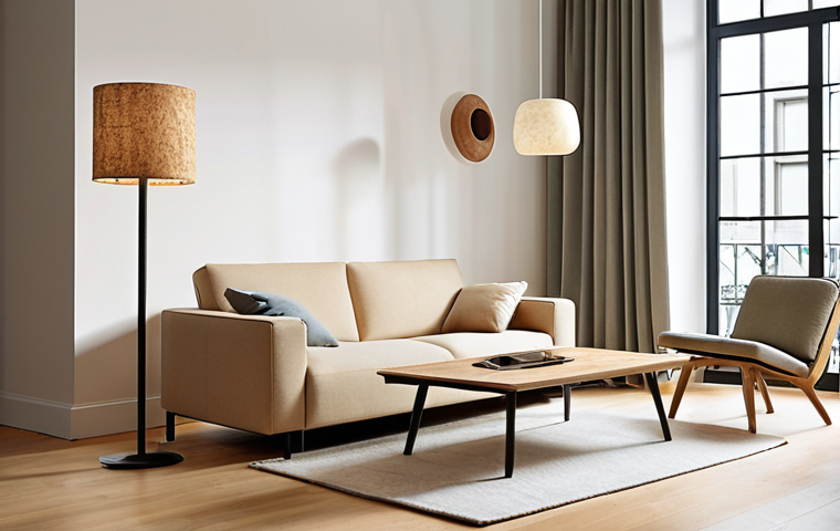 A bright, minimalist living room in a modern urban apartment, showcasing sustainable and smart furniture. A sleek coffee table made from recycled plastic composite has a subtly glowing integrated wireless charging pad. A modular sofa, upholstered in a natural, durable fabric, features discreet built-in speakers. Sunlight streams through large windows, highlighting clean lines and innovative materials like a bamboo-framed armchair and a floor lamp with a shade made from mushroom mycelium, emphasizing an eco-conscious and high-tech aesthetic.