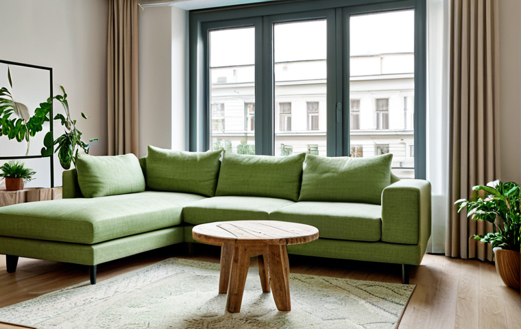 Eco-Friendly Living Room**

"A modern living room interior in a Moscow apartment, showcasing eco-friendly furniture. Features a sofa made from recycled materials with linen upholstery, a coffee table crafted from reclaimed wood, and indoor plants. Large windows provide natural light. The color palette is neutral with pops of green. Focus on sustainability and natural textures. Safe for work, appropriate content, fully clothed, professional photography, perfect anatomy, natural proportions, modest design, family-friendly."

**