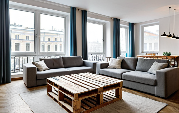 가구디자인 워크숍 참여 후기 - Eco-Chic Apartment**

"A brightly lit, modern apartment interior showcasing a repurposed wooden pall...