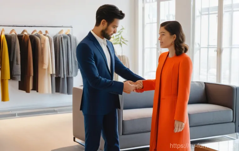 가구디자인 제품 보증 및 품질 관리 - **Prompt:** A young, elegantly dressed couple in their late 20s or early 30s meticulously inspecting...