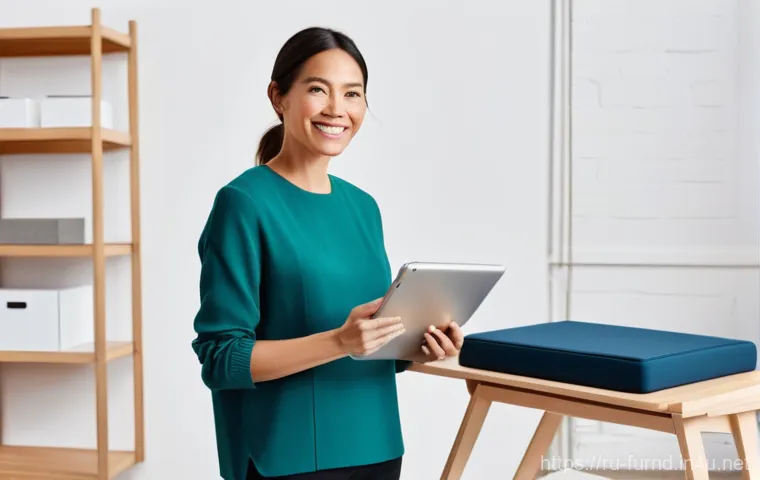 가구디자인 디자인 특허 출원 과정 - **Prompt:** A professional female furniture designer, in her late 30s or early 40s, stands confident...