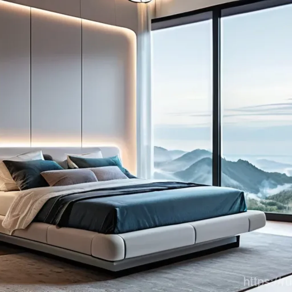 가구디자인 신규 기술 적용 사례 - A serene and futuristic bedroom featuring an advanced smart bed. A young adult, dressed in comfortab...
