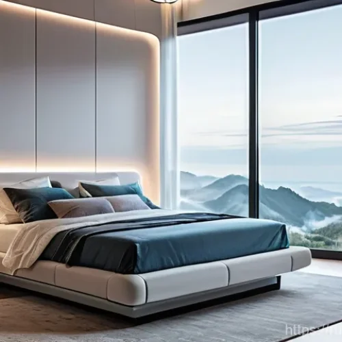 가구디자인 신규 기술 적용 사례 - A serene and futuristic bedroom featuring an advanced smart bed. A young adult, dressed in comfortab...