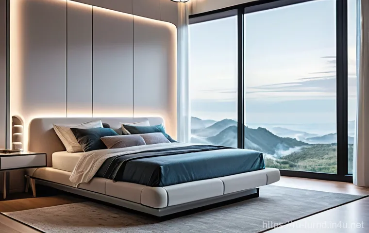 가구디자인 신규 기술 적용 사례 - A serene and futuristic bedroom featuring an advanced smart bed. A young adult, dressed in comfortab...