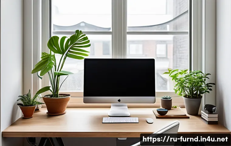 가구디자인 직무 스트레스 관리법 - A modern ergonomic home office setup for a furniture designer, featuring a sleek adjustable desk nea...