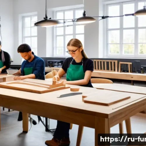 가구디자인 독일식 교육 과정 - A modern furniture design workshop in Germany, featuring students wearing casual clothes and safety ...