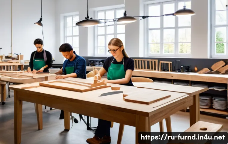가구디자인 독일식 교육 과정 - A modern furniture design workshop in Germany, featuring students wearing casual clothes and safety ...