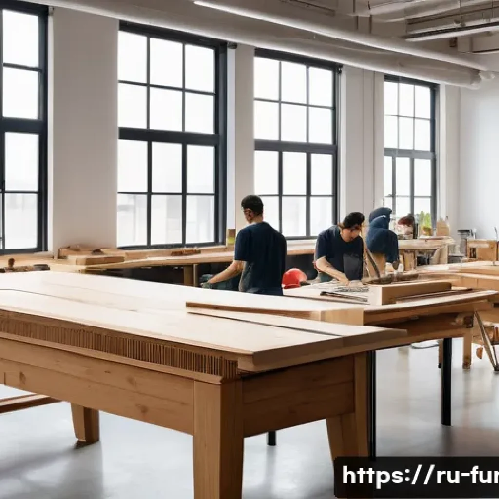 가구디자인 창업 준비 과정 - A modern minimalist furniture workshop interior in a large urban studio, featuring sleek wooden tabl...