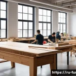 가구디자인 창업 준비 과정 - A modern minimalist furniture workshop interior in a large urban studio, featuring sleek wooden tabl...