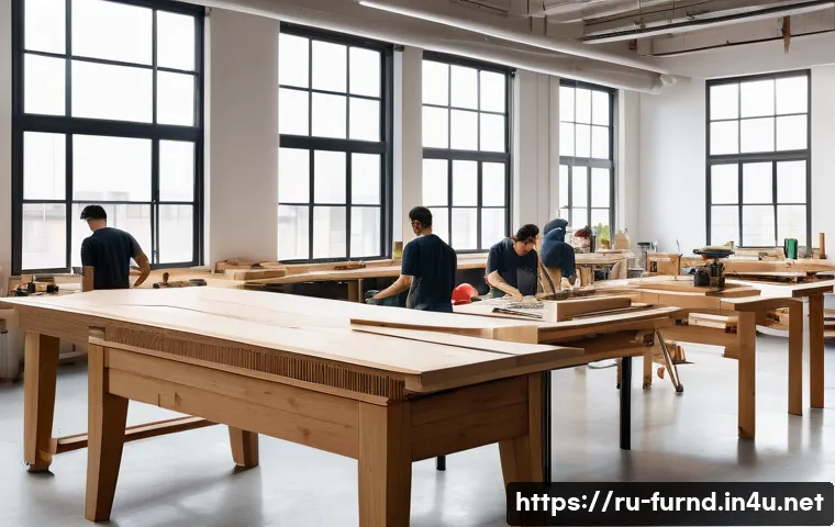 가구디자인 창업 준비 과정 - A modern minimalist furniture workshop interior in a large urban studio, featuring sleek wooden tabl...