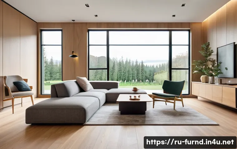 가구디자인 및 실내건축 차이점 - A modern living room interior featuring functional furniture design: a compact, modular sofa with bu...