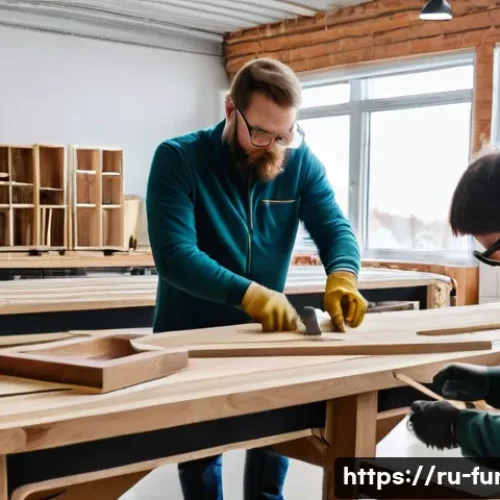 가구디자인 경력 개발 방법 - A modern furniture design workshop scene in Russia, showing a diverse group of adult designers learn...