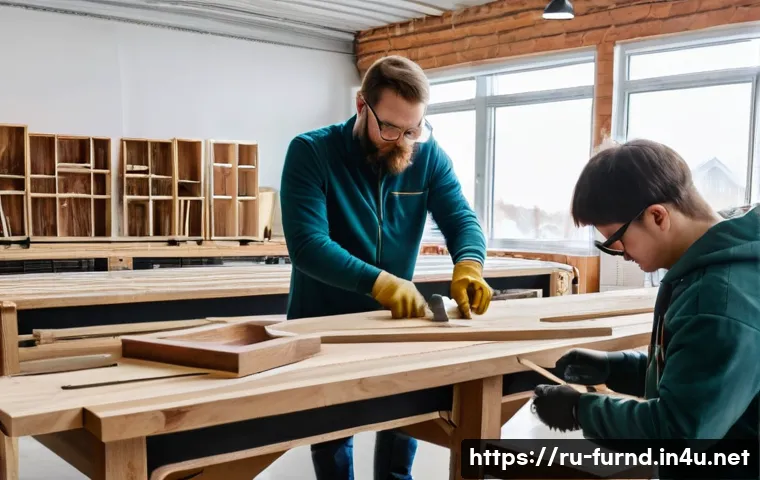 가구디자인 경력 개발 방법 - A modern furniture design workshop scene in Russia, showing a diverse group of adult designers learn...