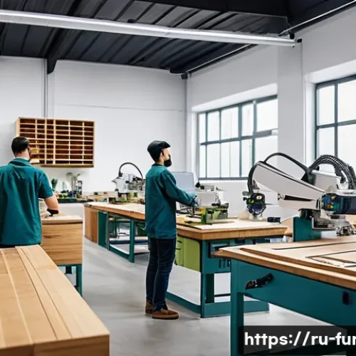 가구디자인의 경제성 분석 - A modern furniture workshop interior showcasing automated CNC machines and digital CAD/CAM design sc...