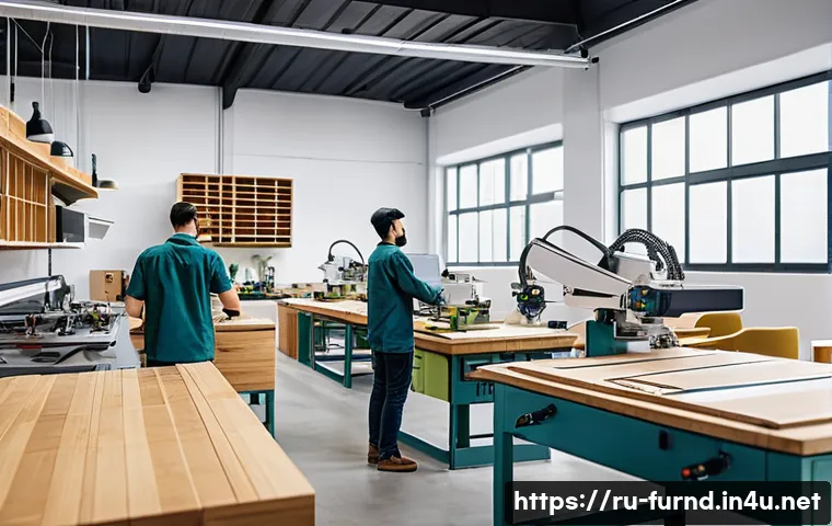 가구디자인의 경제성 분석 - A modern furniture workshop interior showcasing automated CNC machines and digital CAD/CAM design sc...