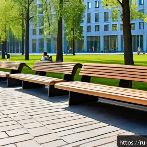 가구디자인 공공 디자인 사례 - A modern Russian city park scene featuring innovative street furniture made of natural materials lik...