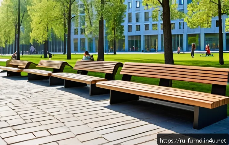 가구디자인 공공 디자인 사례 - A modern Russian city park scene featuring innovative street furniture made of natural materials lik...