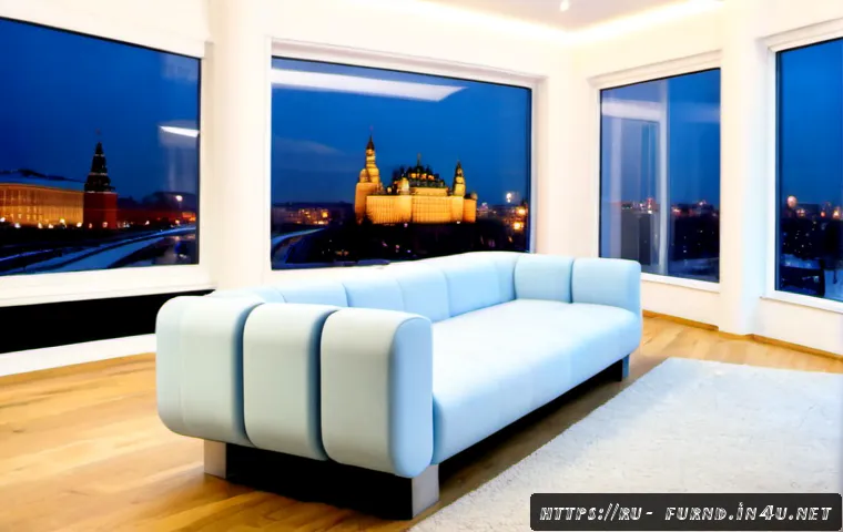 가구디자인의 미래 기술 트렌드 - Photorealistic futuristic Moscow apartment interior at blue hour, an elegant modular sofa and coffee...