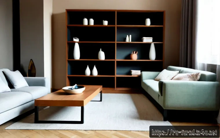 Home 17 가구디자인에서 색감 조화 사례 - Photorealistic modern Moscow apartment living room demonstrating harmonious furniture color design: ...
